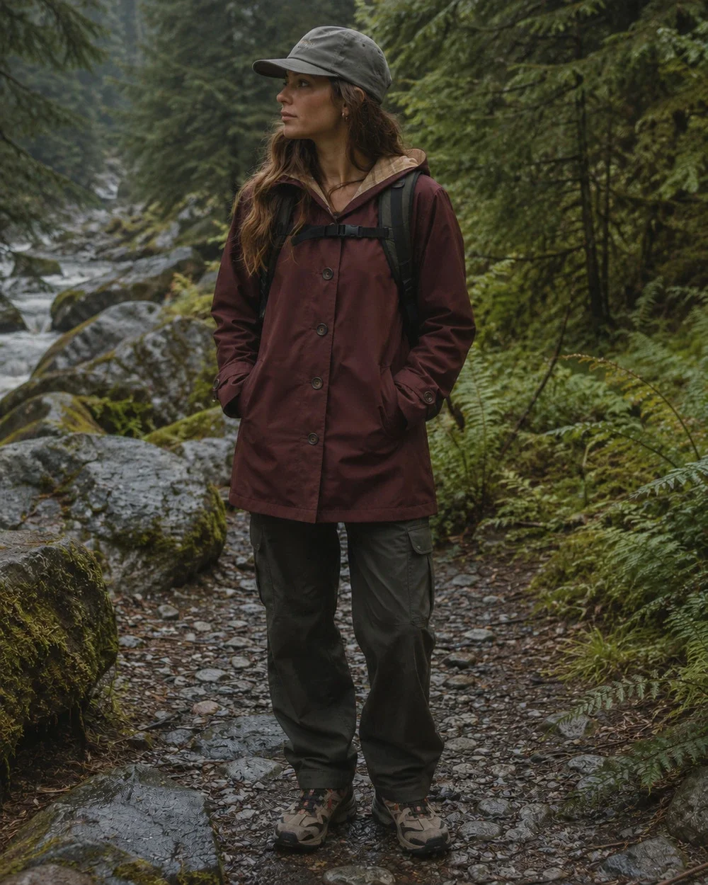 LL Bean Plaid Lined Hooded Rain Jacket Maroon Burgundy Coat Women's Size S Reg